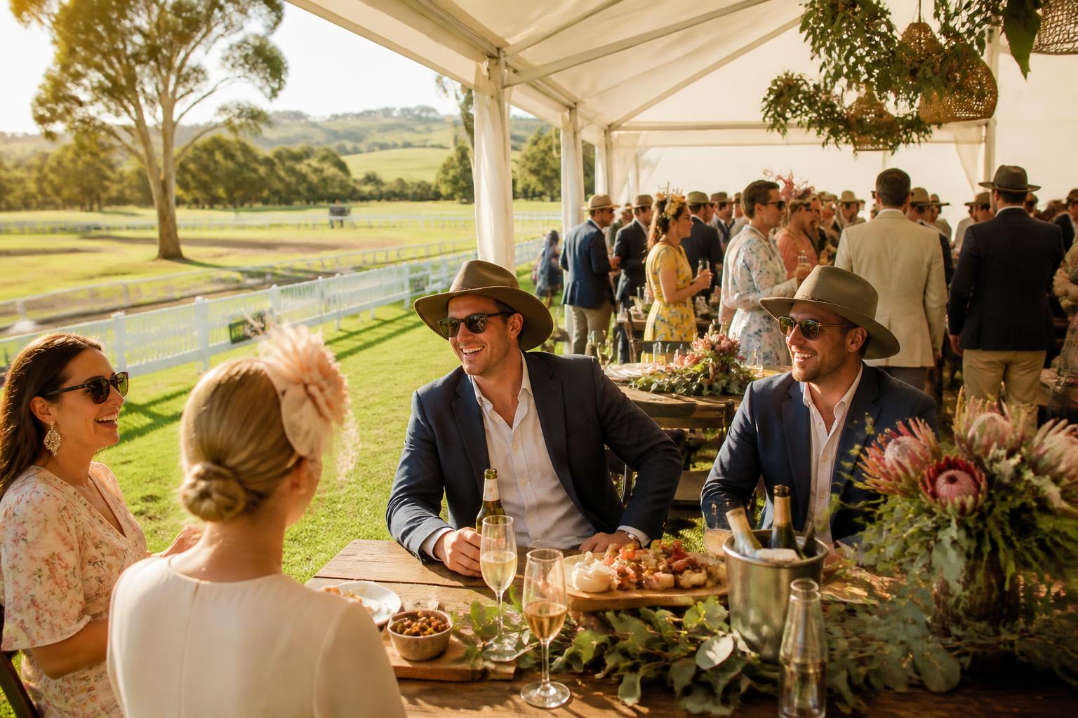 Footy Nags Gold members in a spring carnival marquee at the races